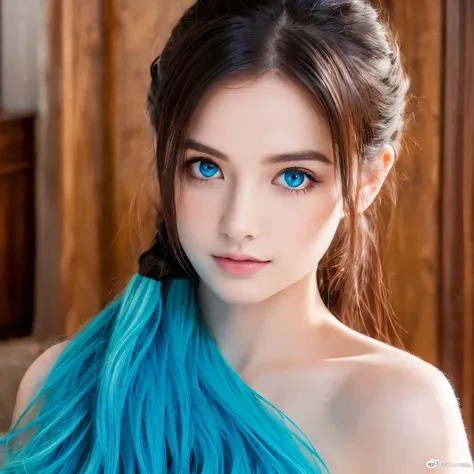 (masterpiece, highest quality, highest quality, official art, Cosmetology and aesthetics: 1.2), (1 girl: 1.3), (fractal art: 1.3), bright aqua blue eyes, Medium hair with tassels, nude middle part