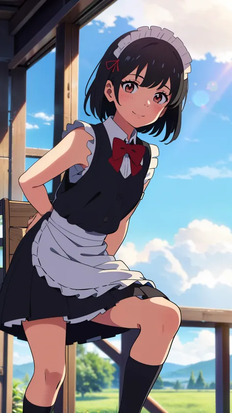 shinkai makoto, kimi no na wa., 1girl, bangs, black hair, short hair, blush, brown eyes, looking at the viewer, ((girl wear maid dress, short dress, short skirt, maid headdress)), Off-the-shoulders, red bow, red ribbon, smile, cute, school backpack, happy,...