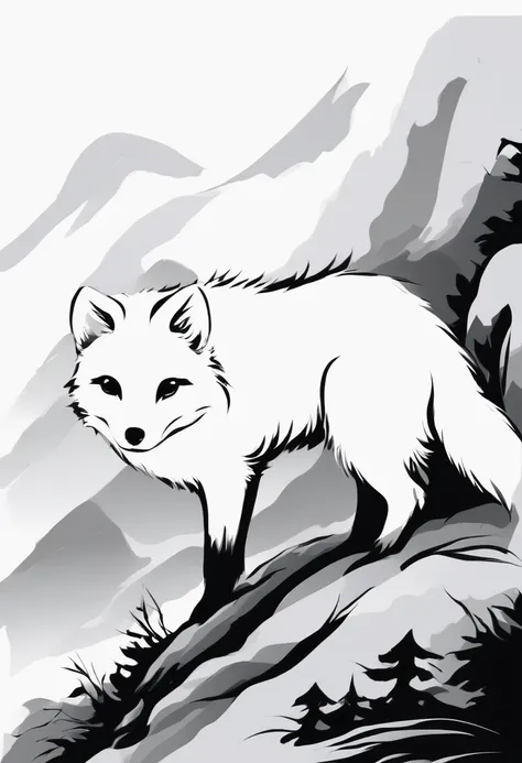 arctic fox，black and white painting，outline with black ink，smooth lines，通过墨迹的浓淡对比展现arctic fox的表情和姿态，simple background，emphasis o...