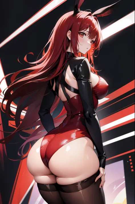 (alone), from the back, Not showing your face, Big redheads, black hair tips, forehead, Sexy anime bunny costume with pantyhose, thin waist, big bust, thick legs, big thighs, standing, Background Landscape, In a nightclub, Colored lighting, surrounding det...