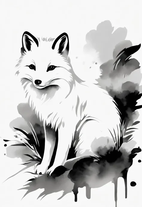 arctic fox，black and white painting，outline with black ink，smooth lines，通过墨迹的浓淡对比展现arctic fox的表情和姿态，simple background，emphasis o...