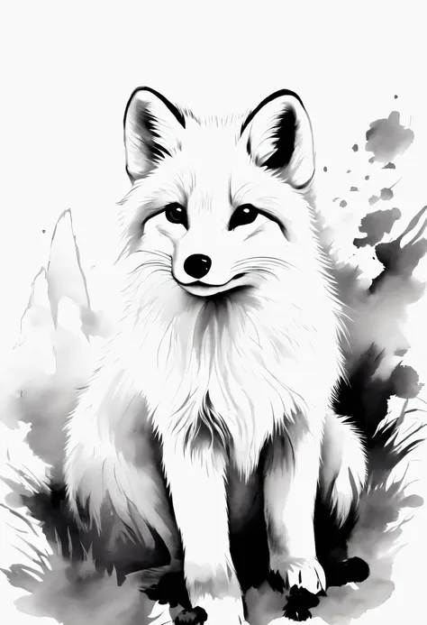 arctic fox，black and white painting，outline with black ink，smooth lines，通过墨迹的浓淡对比展现arctic fox的表情和姿态，simple background，emphasis o...