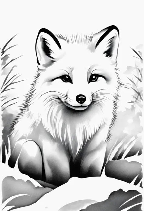 arctic fox，black and white painting，outline with black ink，smooth lines，通过墨迹的浓淡对比展现arctic fox的表情和姿态，simple background，emphasis o...