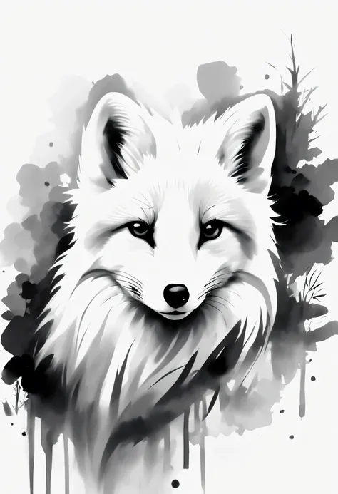 arctic fox，black and white painting，outline with black ink，smooth lines，通过墨迹的浓淡对比展现arctic fox的表情和姿态，simple background，emphasis o...