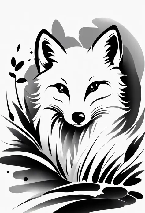 arctic fox，black and white painting，outline with black ink，smooth lines，通过墨迹的浓淡对比展现arctic fox的表情和姿态，simple background，emphasis o...