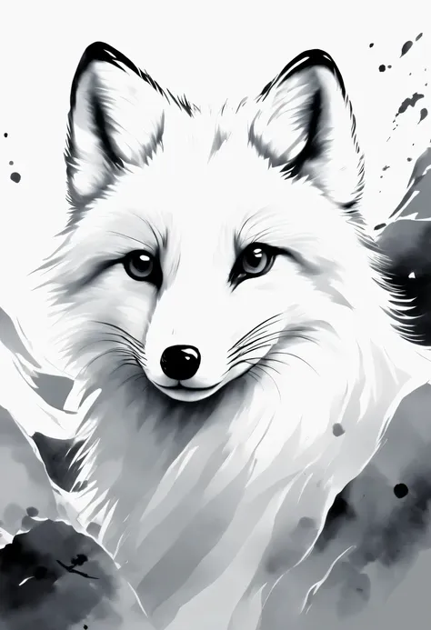 arctic fox，black and white painting，outline with black ink，smooth lines，通过墨迹的浓淡对比展现arctic fox的表情和姿态，simple background，emphasis o...