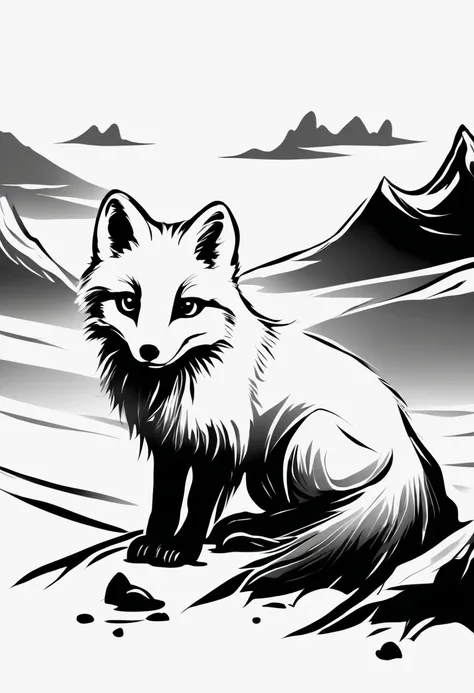 arctic fox，black and white painting，Outline with black ink，smooth lines，通过墨迹的浓淡对比展现arctic fox的表情和姿态，Simple background，Emphasis on light, shadow and space，lots of white space，Use thick and light inks to create light and dark changes and layers，Choose the ri...