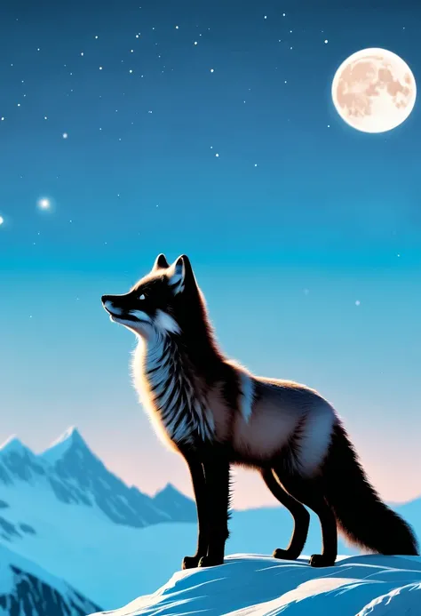 Arctic fox on top of mountain,look up at the moon,Dream,contour,minimalist,Gothic