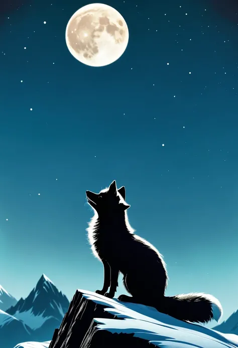 arctic fox on top of mountain,look up at the moon,dream,contour,minimalist,gothic