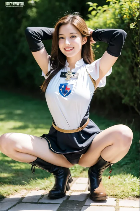 (((medieval europe tabard))),(((Emblem))),(((squatting))),(((spread legs))),(((arms behind head))),(((hunting boots))),(((bare inner thigh))), ulzzang-6500-v1.1, (Raw photo:1.2), (Photo realistic:1.4), a beautiful detailed girl, extremely detailed eye and ...