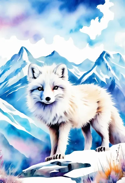 double exposure of arctic fox and mountains, natural scenery, watercolor