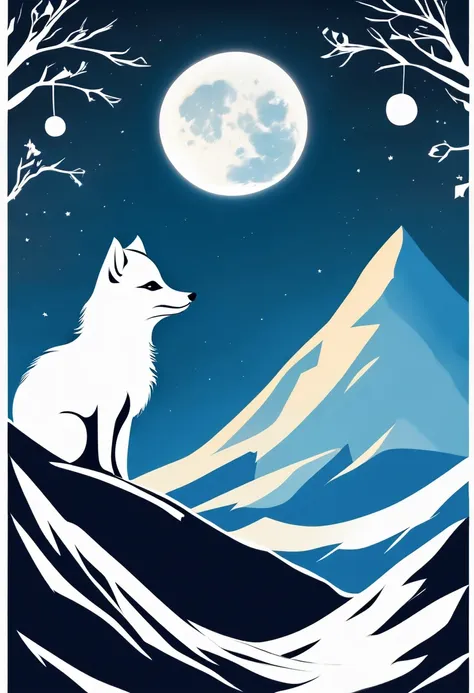 arctic fox on top of mountain,look up at the moon,dream,contour,minimalist,gothic