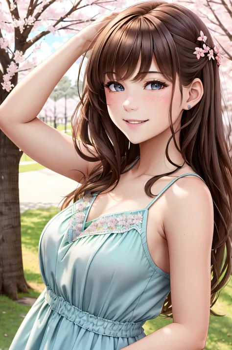 {there is a young girl at a park. she is beautiful, and attractive. she is wearing a large pink v-neck sleeveless maxi dress. she has beautiful long brown hair, and beautiful hazel eyes. the scene is beautiful. it is windy, and there is cherry blossom tree...