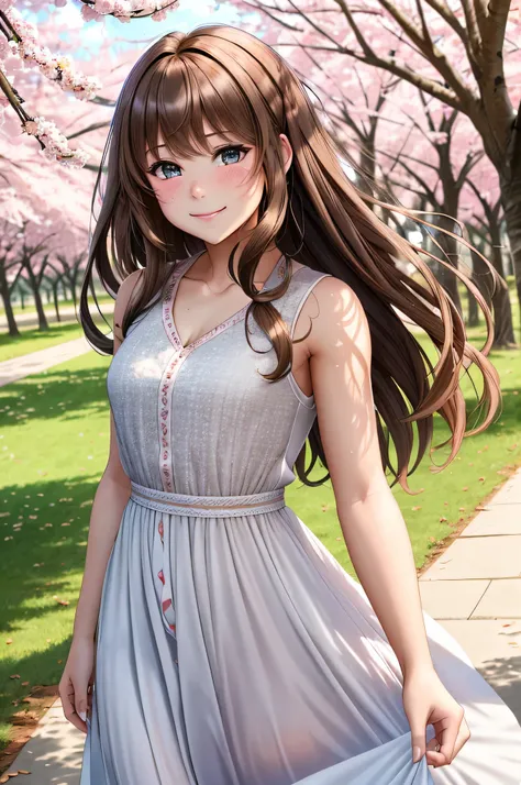 {there is a young girl at a park. she is beautiful, and attractive. she is wearing a large pink v-neck sleeveless maxi dress. she has beautiful long brown hair, and beautiful hazel eyes. the scene is beautiful. it is windy, and there is cherry blossom tree...