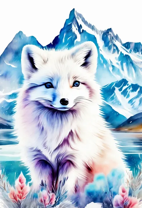 Double exposure of arctic fox and mountains, natural scenery, watercolor