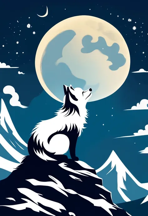 arctic fox on top of mountain,look up at the moon,dream,contour,minimalist,gothic