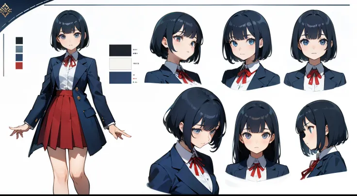 ((masterpiece, highest quality)), detailed face, character sheet, whole body, full of details, Multiple poses and expressions, very detailed, depth, many parts, 1 girl,
blazer(紺色blazer、white blouse、red ribbon、navy blue skirt),short bob,straight hair,black ...