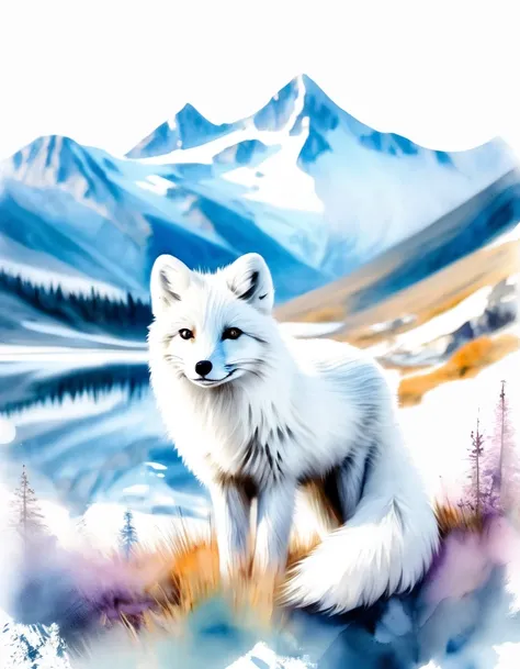 double exposure of arctic fox and mountains, natural scenery, watercolor