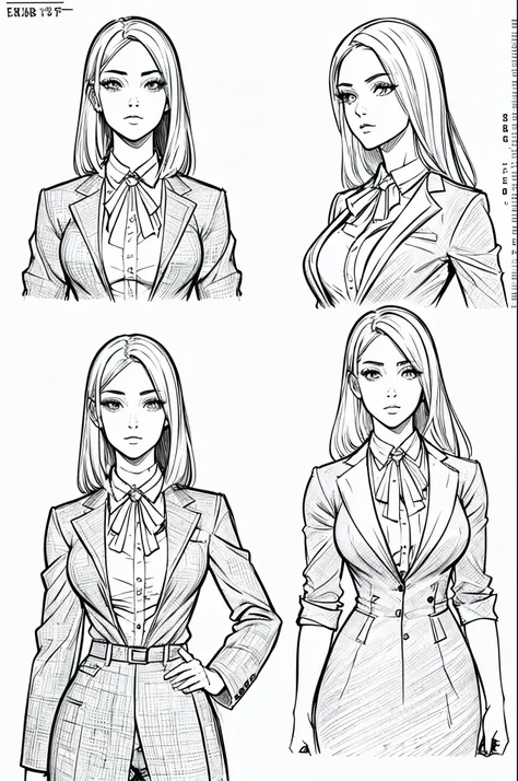 sketch of a young woman 20 years old with fashion ( corpo todo ) at different angles digital lineart