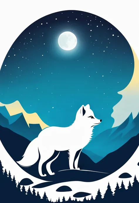 arctic fox on top of mountain,looking at the moon,contour,minimalist