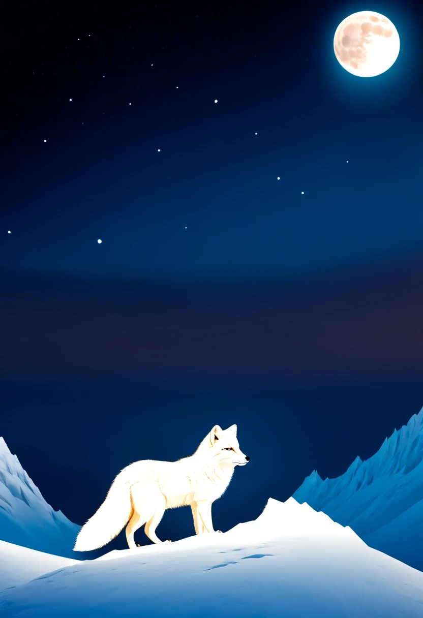 Arctic fox on top of mountain,looking at the moon,contour,minimalist