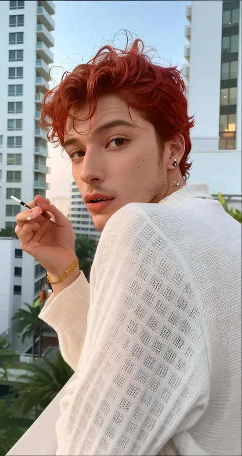 arafed man with red hair smoking a cigarette on a balcony, joe keery, his palms are sweaty, he has short curly brown hair, taken in the early 2020s, shawn mendes, album art, profile shot, high res, style of seb mckinnon, xqc, holding it out to the camera