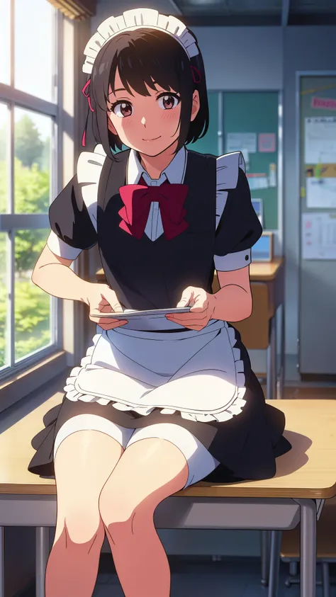 shinkai makoto, kimi no na wa., 1girl, bangs, black hair, short hair, blush, brown eyes, looking at the viewer, ((girl wear maid dress, short sleeves, short dress, short skirt, maid headdress)), red bow, red ribbon, smile, cute, school backpack, Have a dia...