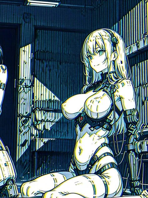 monochrome, greyscale, blood, cable, science fiction, cyberpunk, chromatic aberration, indoors, detailed background, night, 2girls, beautiful, duo, bare shoulders, sitting on bed, smiling, Seductive, nude, green light, long wavy hair, curvy, big breasts,