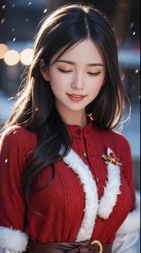 (about beauty, high resolution: 1.2), Full-length portrait of a beautiful 20-year-old woman wearing an intricately detailed red Santa Claus costume., Symmetrical clothing structure, bright, bright eyes, happy smile, Hairstyle change, It&#39;s snowing, Snow...