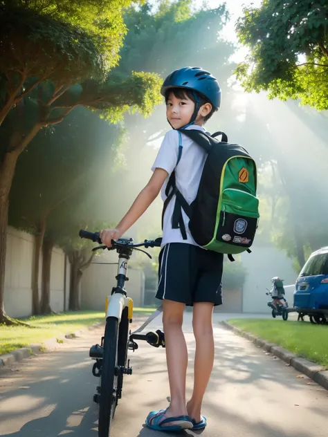 An Ak-sized nine-year-old boy sets off to school on a bicycle. (Casual Attire: 1.5), (School Uniform: 1.5), (Short Pants: 1.5), (Barefoot or Sandals: 1.2), (Helmet: 1.2), (Backpack: 1.5), (Bike with training wheels: 1.5), (Sunny Day: 1.3), (Green trees sur...