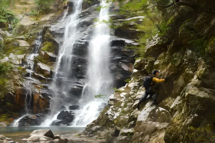 High detail, 8K, ultra HD, high quality, Anime studio, create a image relistict, best lighting , waterfall beautifull, perfect light, Daylight, Foggy blur, dreamer, man climbing