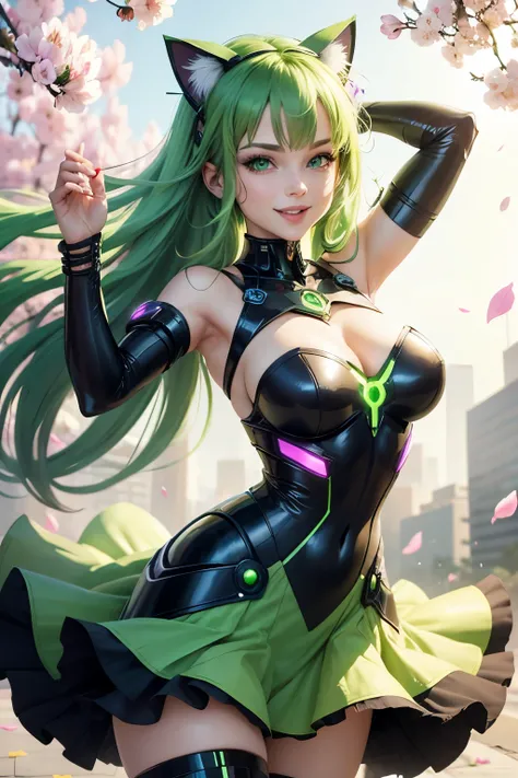 Beautiful woman with green eyes, green hair smiling, fully clothed in a spring dress, cybernetic cat ears, cyber, blooming spring flowers in the background, flying petals, dynamic pose, happy