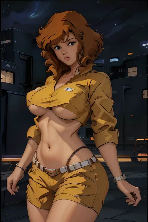 Cowboy shot, April ONeill, 1980s (style of), 1girl, brown hair, orange hair, retro artstyle, Short hair, Yellow bikini, very large_pectorals, wide hips, cleavage, night city background, cute face, Protruding Breasts, nice hands, perfect arms, Torpedo ,