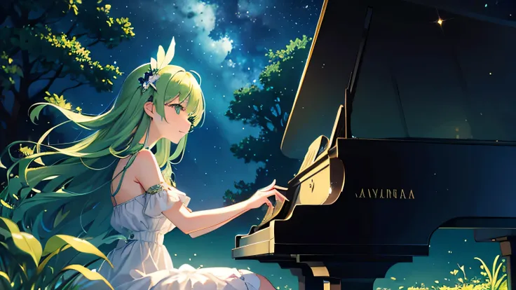 night　starry sky　under the moonlight、Woman playing grand piano by the lake　in the forest　green hair　the feathers dance　singing　little frog on the piano