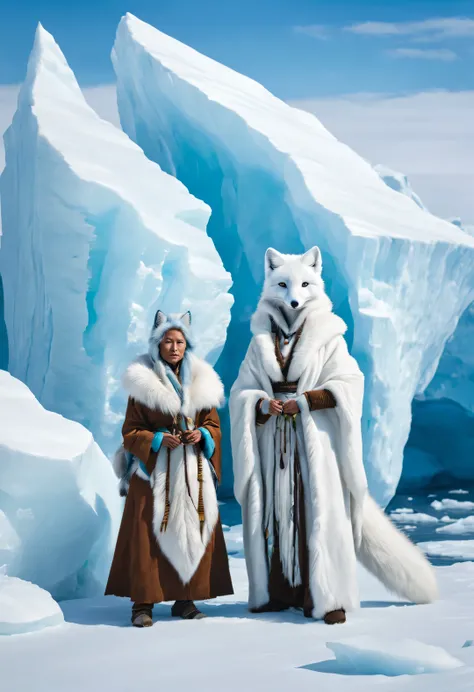 A light blue arctic fox and a female shaman with wrinkled brown skin，Arctic icebergs，snowstorm，