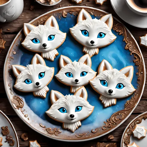 Cute cartoon style, masterpiece in maximum 16K resolution, close up of majestic cookies (shaped as arctic foxes). | (On an elegant rustic plate), a hot coffee. | Vivid blue eyes, delicate nature ornate. | ((More_Details))