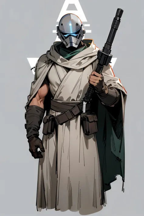 star wars, alien, star wars outfit, young male, grey cloak, helmet, grey headband, muscular,
