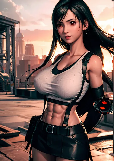 (Photorealistic: 1.4), top quality, very delicate and beautiful, high resolution, 1girl, tifa_lockhart, smile, cowboy shot, suspenders, low rise, mini skirt, tank top, tense shirt, black hair, long hair, elbow gloves, beautiful detailed red eyes, face ligh...