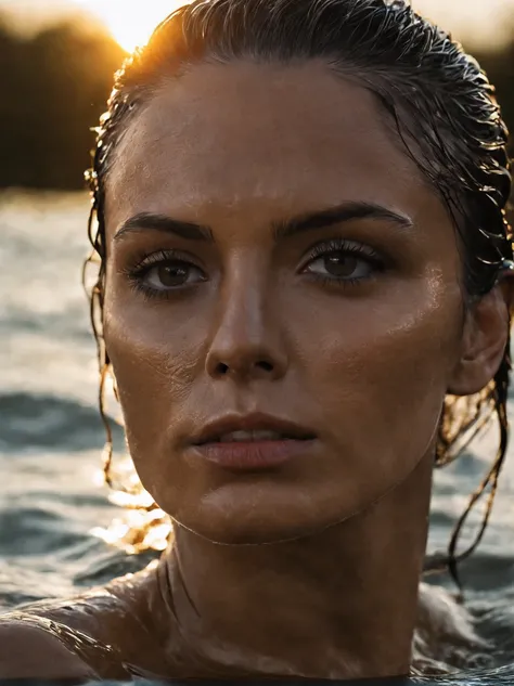 Realistic photo, woman in the water.  only the face and neck are visible.  Her wet hair is slicked back, but a few strands of hair fall into her face.  He looks straight at the camera.  He has a mysterious, menacing and slightly evil appearance.  low angle...