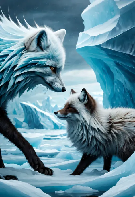 A light blue arctic fox and a female shaman with wrinkled brown skin，Arctic icebergs，violent storms，perseverance，epic graphics，ultra high definition，high quality，beautiful details