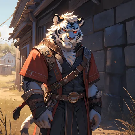 white tiger，Vicious eyes，muscle，male，handsome，grassland，alone，Claw，Sunlight，Blood Ape，outdoor，cruel，cunning smile，Holding a long sword，Smiling sinisterly，black eyes，red pupils，Indecent eyes，Wall screen