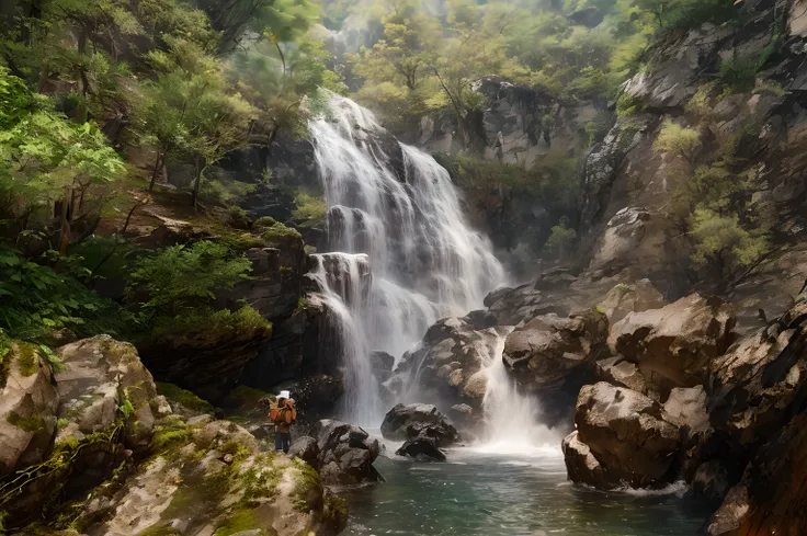 High detail, 8K, ultra HD, high quality, Anime studio, create a image relistict, best lighting , waterfall beautifull, perfect light, Daylight, Foggy blur, dreamer