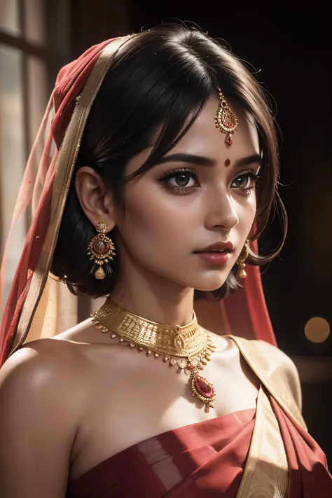 A captivating close-up image of a graceful Indian girl, adorned in a vibrant saree, her smooth complexion reflecting the rich colors of the fabric. The cinematic portrayal is rendered in hyper-realistic detail, capturing every intricate fold and wrinkle of...