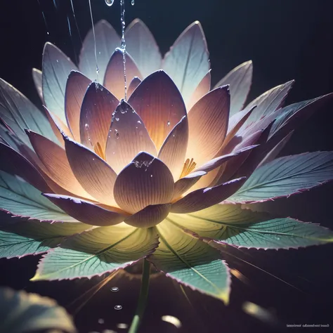 fleur de lotus, super transparent, holy light, beautiful spectrum light, Brillant petals, sparkling, transparent light droplets, reflected light, Brillant, light flowing in, Optique, portrait, silhouette, Sharpness, magique, complexe, hyper realistic, fant...