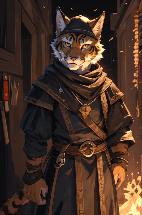 (8k, RAW photo, best quality, masterpiece), a detailed character portrait, clearly worked out detail, (Tabaxi, khajiit), (rogue, thief, bandit), fantasy thief clothes, rpg, dnd, lithe, intricate, cinematic, natural lighting, anime, MAPPA style, raytracing,...