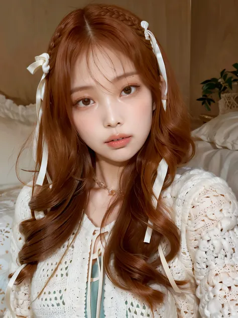 there is a woman with long red hair wearing a white shirt, Ulzzang, franja marrom, young lovely korean face, cabelo castanho com franja, cabelo castanho e franja, brown cabelo longo com franja, cabelo arrumado com franja, Linda jovem coreana, cabelo longo ...