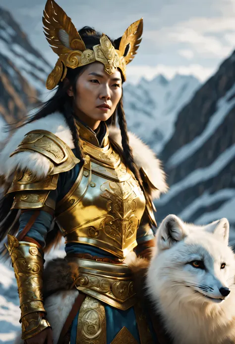 Tibetan shaman female warrior wearing gold-plated heavy armor, Leading the Arctic Fox, facing the audience, Mysterious creature, hermit, concept art, wide angle, complete composition, Dynamic lighting, Movie, 4k, lifelike, Strong rendering,