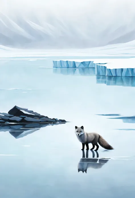 minimalist stripe painting, foggy ice fields, Arctic fox stares at small fish in the water，reflection ，chaotic