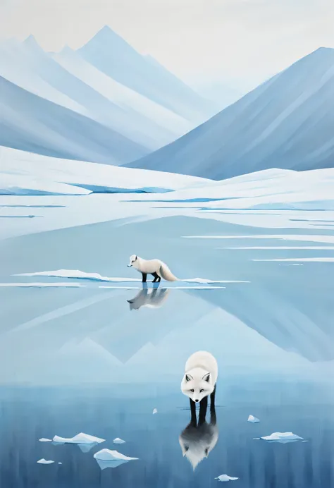 minimalist stripe painting, foggy ice fields, Arctic fox stares at small fish in the water，reflection ，chaotic