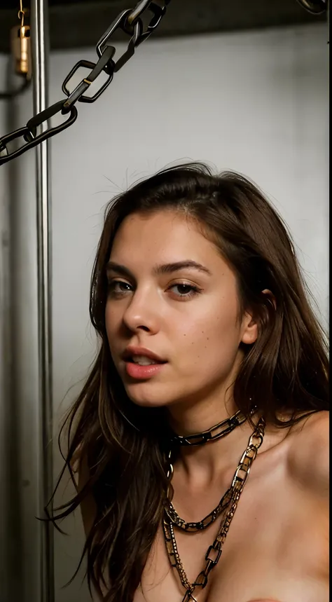 sexy young brunette, cuffed in chains, with chain around her neck, handcuffed, bdsm, chocking on chains, naked, pussy, vagina, hard, fetish 